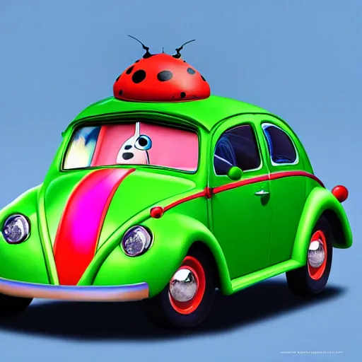 Prompt: a hybrid giant lady bug is merged with'herbie the love bug'car, digital art, hyperrealistic, imax, 7 0 mm, movie still