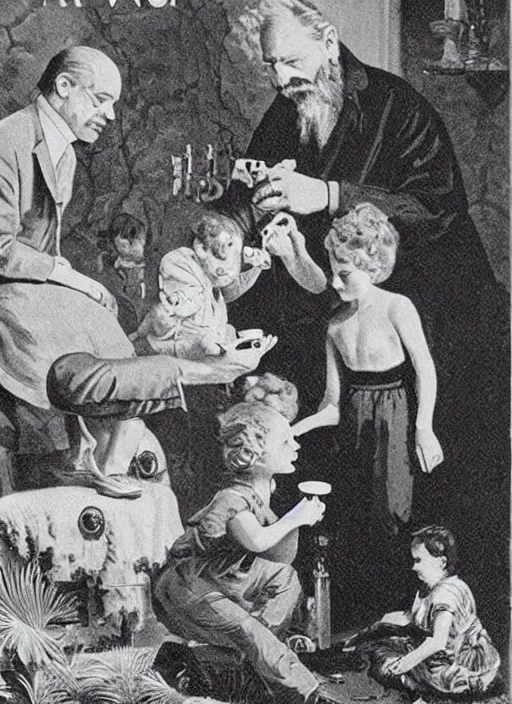 Prompt: vintage pharamaceutical magazine advertisement depicting charles manson feeding pills to children, by ernst haeckel