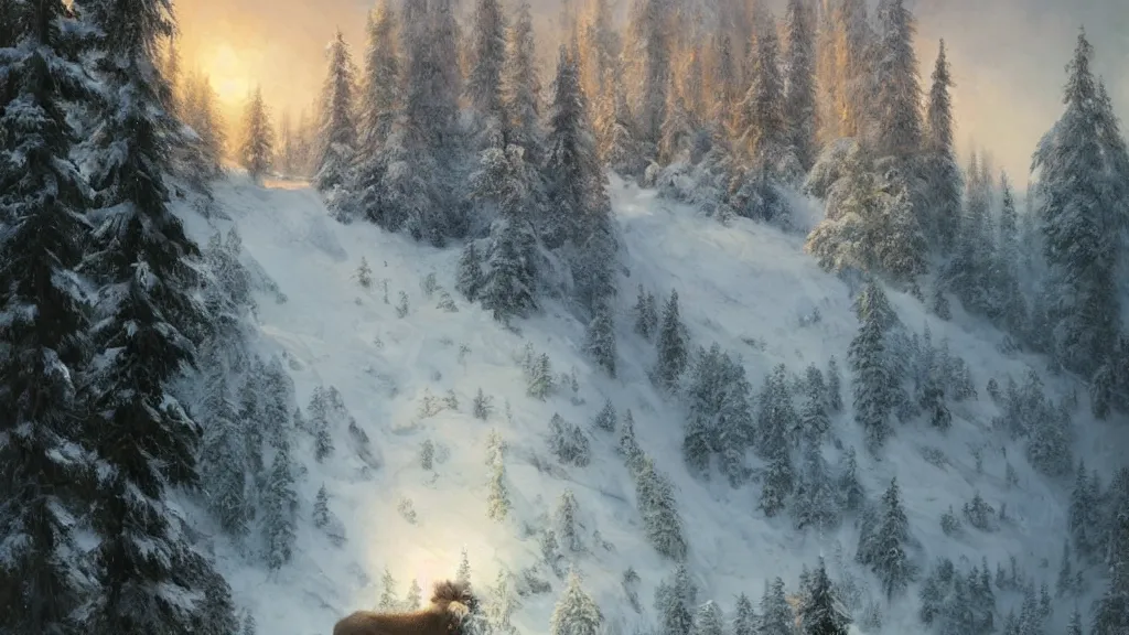 Image similar to the most beautiful panoramic landscape, oil painting, where a giant dreamy waterfall is frozen, the trees around have snow over their leafs, a majestic bison is in close - up and is exhaling steam, the ray lights of the sunrise are brightening him, by greg rutkowski