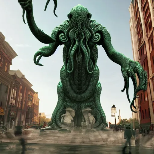 Prompt: high quality concept art of many huge statues of cthulhu in downtown, crowded people, dark fantasy, highly detailed, cinematic lighting