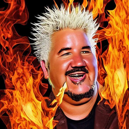 Image similar to guy fieri. surreal flames. abstract portrait. photoshop. bizarre. outdoor grill.