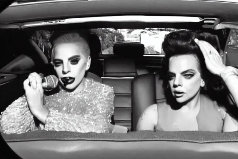 Image similar to lady gaga and judy garland doing carpool karaoke, lady gaga and judy garland, carpool karaoke, lady gaga, judy garland, carpool karaoke, youtube video screenshot, the late late show with james corden, higly realistic, high resolution, dashcam