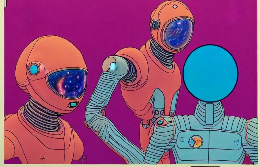 Image similar to ( ( ( ( a humanoid creature from another planet talking face to face an astronaut ) ) ) ) by mœbius!!!!!!!!!!!!!!!!!!!!!!!!!!!, overdetailed art, colorful, artistic record jacket design