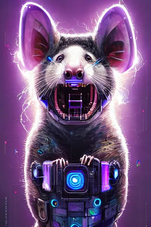 Image similar to a beautiful portrait of a cute cyberpunk opossum screaming by sandra chevrier and greg rutkowski and wlop, purple blue color scheme, high key lighting, volumetric light, digital art, highly detailed, fine detail, intricate, ornate, complex, octane render, unreal engine, photorealistic