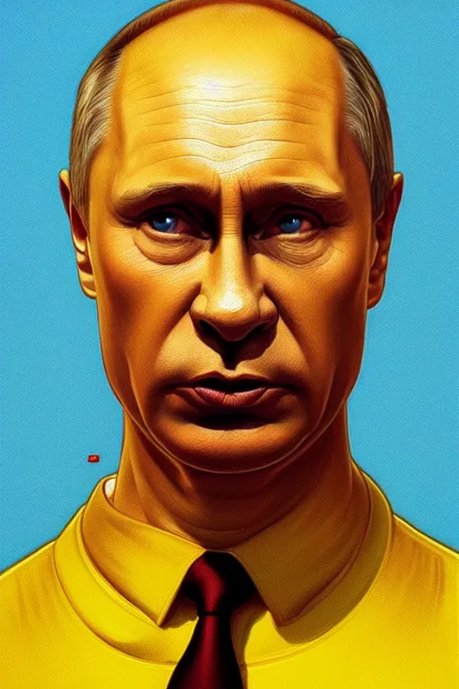 Image similar to vladimir putin as a yellow funny homer simpson, realistic portrait, symmetrical, highly detailed, digital painting, artstation, concept art, smooth, sharp focus, illustration, cinematic lighting, art by artgerm and greg rutkowski and alphonse mucha