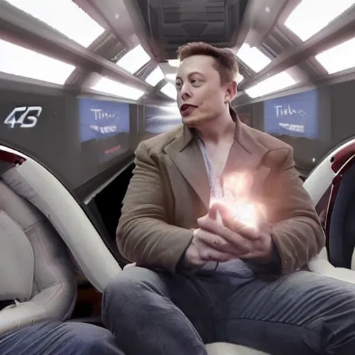 Image similar to elon musk sitting in a tesla driving to mars on a train track, 4 k, detailed, realistic,