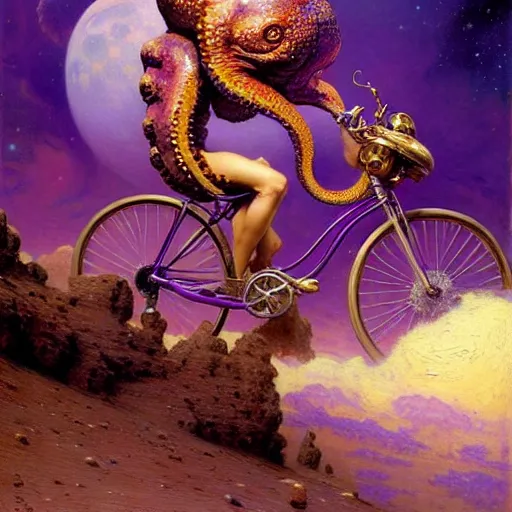 Image similar to a giant purple octopus riding a bicycle on the moon. highly detailed painting by gaston bussiere, greg rutkowski, j c leyendecker 8 k