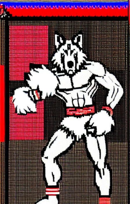 Image similar to extreme long shot. antropomorphic muscular masculine furr wolf. kickboxer, in shorts. wolf head. furr on body. 8 bit nes graphics. nes game, 8 0's