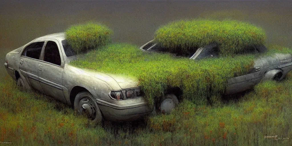 Prompt: hyper realistic painting of an australian landscape, an abandoned holden commodore covered with moss. by Zdzislaw Beksinski