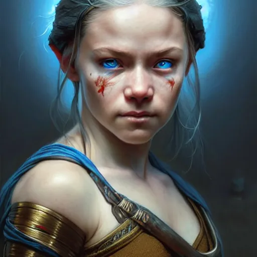 Image similar to portrait painting of a halfling monk girl with heavy scars and gorgeous blue eyes, ultra realistic, concept art, intricate details, eerie, highly detailed, photorealistic, octane render, 8 k, unreal engine. art by artgerm and greg rutkowski and charlie bowater and magali villeneuve and alphonse mucha