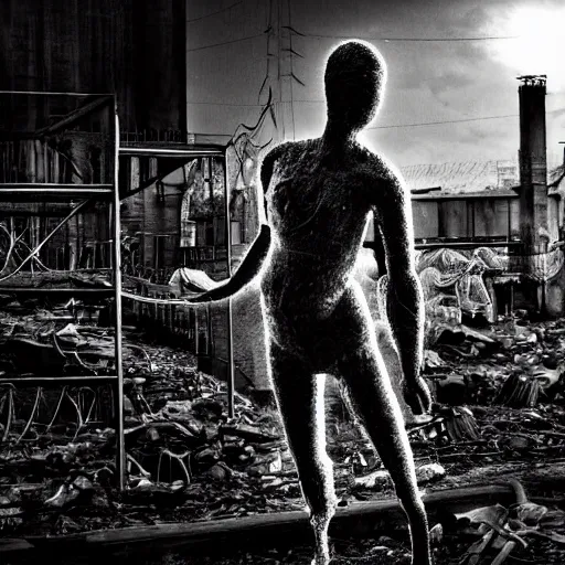 Prompt: a human figure wrapped in electrical wiring in a dirty abandoned industrial wasteland, moody, atmospheric, cinematic