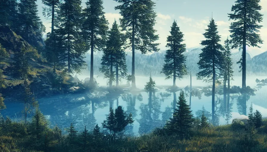 Prompt: Walker admiring the landscape of a large blue lake surrounded by a forest of fir trees and mountains in the distance, wide angle, volumetric light, hyperdetailed, artstation, cgsociety, 8k