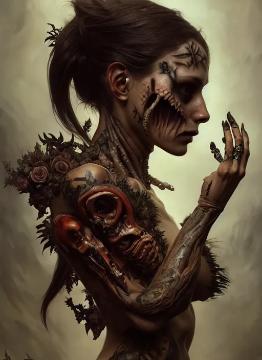 Image similar to ultra realistic, human predator, goth, tattoos, leather, fantasy, flesh, bone, body horror, intricate details, eerie, highly detailed, octane render, 8 k, art by artgerm and alphonse mucha and greg rutkowski