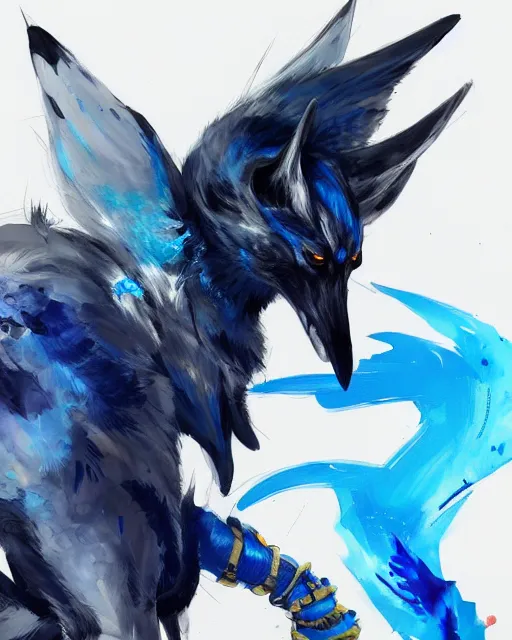 Image similar to concept art of winged wolf neon blue and black, highly detailed painting by dustin nguyen, akihiko yoshida, greg tocchini, 4 k, trending on artstation, 8 k