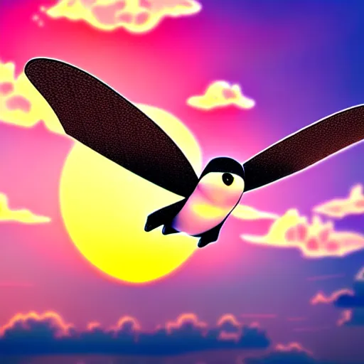 Image similar to a robot house martin flying in the sky, sunset, mechanical cute bird, fluffy clouds, beautiful digital art, pixiv