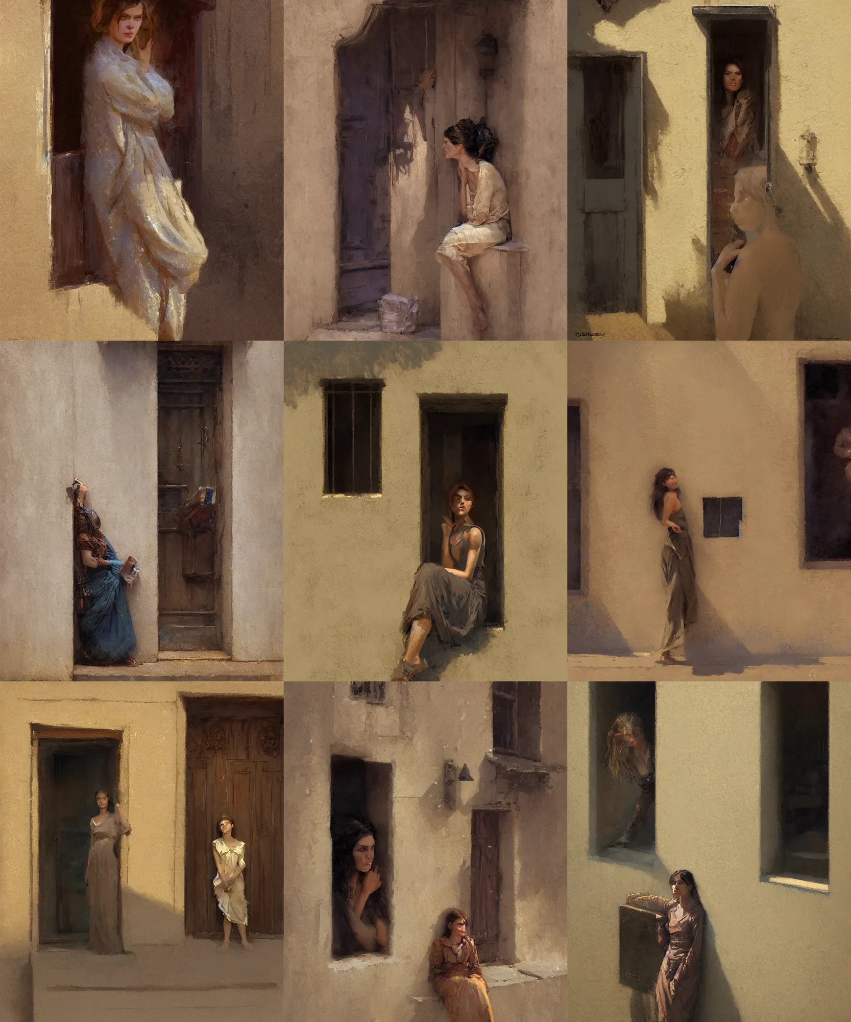 Prompt: front view digital art painting of a young woman leaning on the wall next to the door of her humble house by craig mullins and gaston bussiere and greg rutkowski, symmetrical face, defined facial features, symmetrical facial features, dramatic lighting, close up