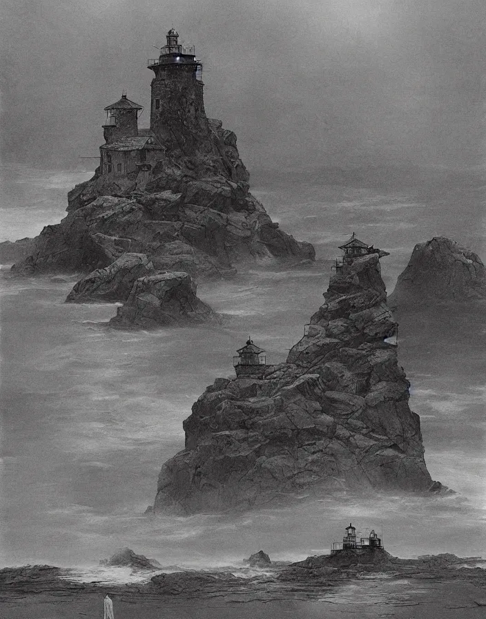 Image similar to worshippers in red robes belonging to the cult of the lighthouse clambering out of the water onto the rocky shore at the base of the light house, walking into the entrance of the light house, high detailed beksinski painting, part by adrian ghenie and gerhard richter. art by takato yamamoto. masterpiece, deep colours, blue