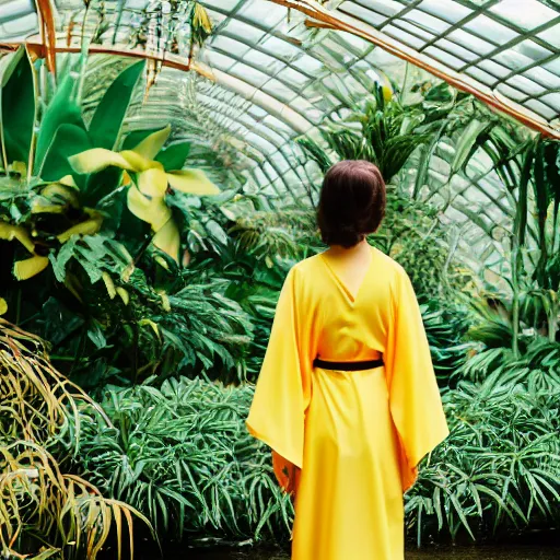 Prompt: photo. of a young woman!!! wearing a yellow kimono in a tropical greenhouse, super resolution. 35 mm lens, bokeh