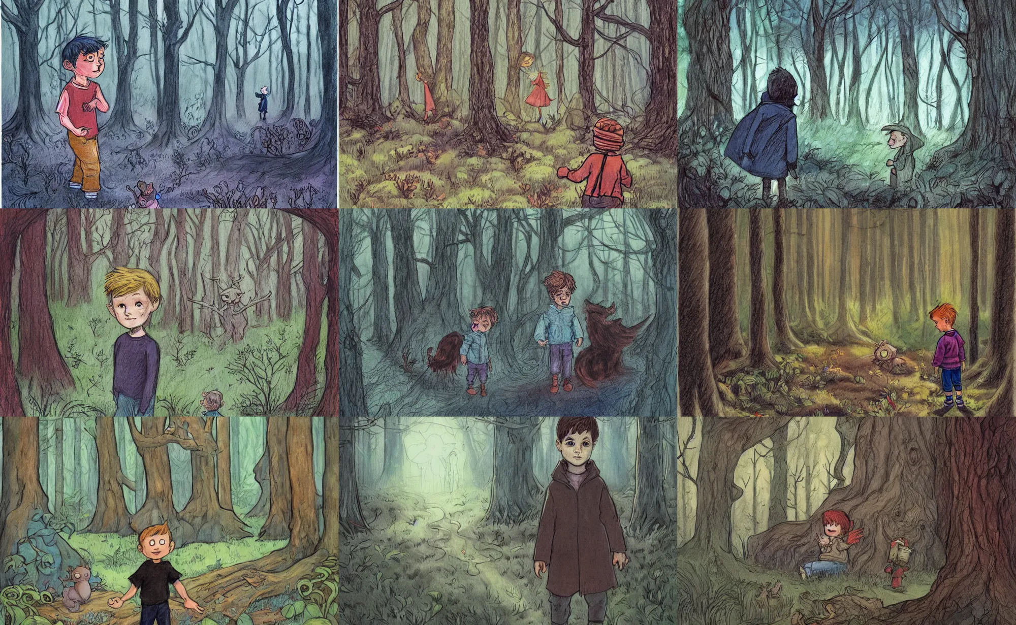 Prompt: children book illustration of boy in haunted forest, by beatrice blue, by julia sarda, by loish. classic, guache, crayons, pastels. traditional. dark. artstation. behance