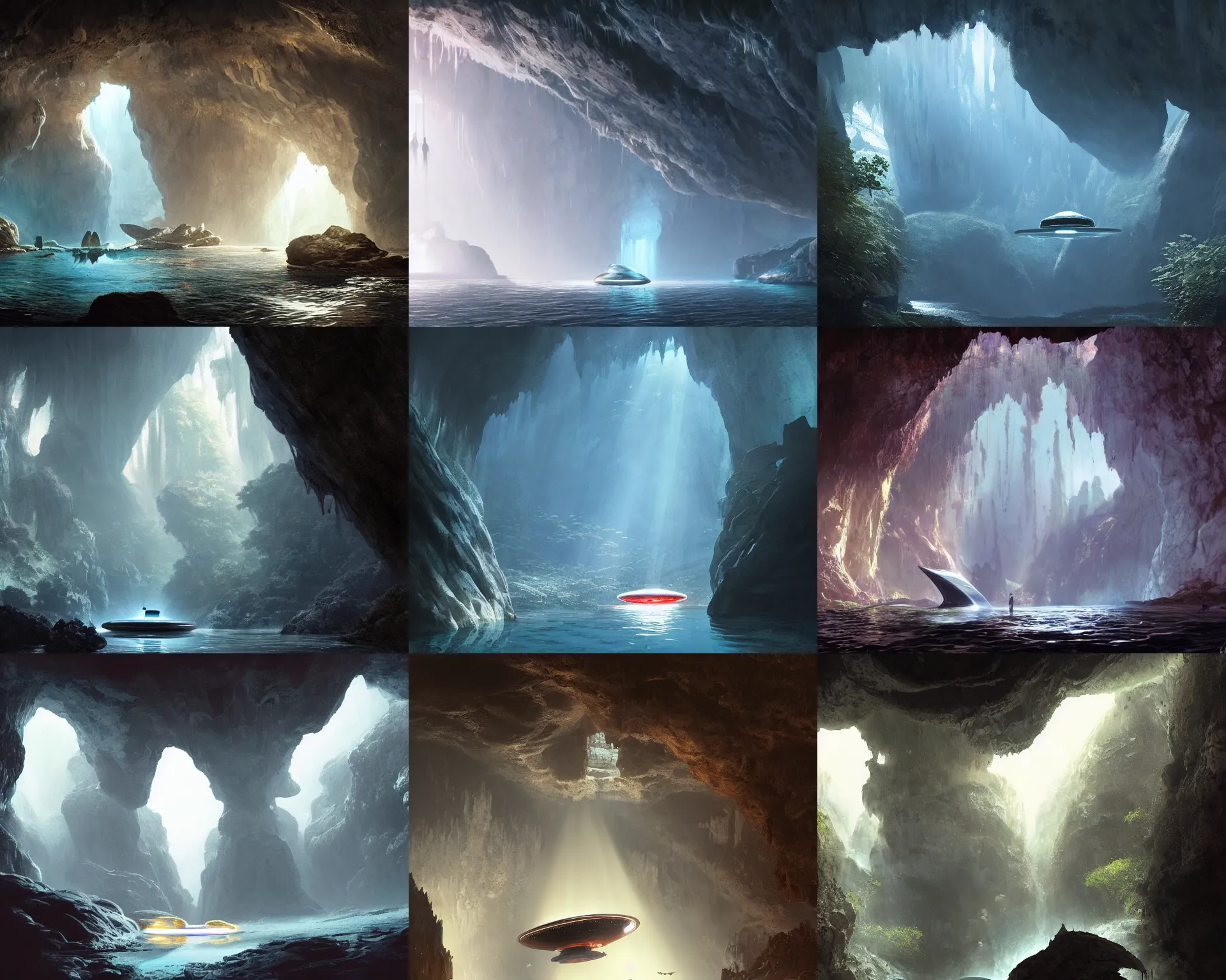 Prompt: strange flying saucer sleek alien spacecraft in a beautiful huge cave with stalactites, stalagmites, spaceship, alient artifact, saucer, underwater glittering river, volumetric light, sci - fi by greg rutkowski