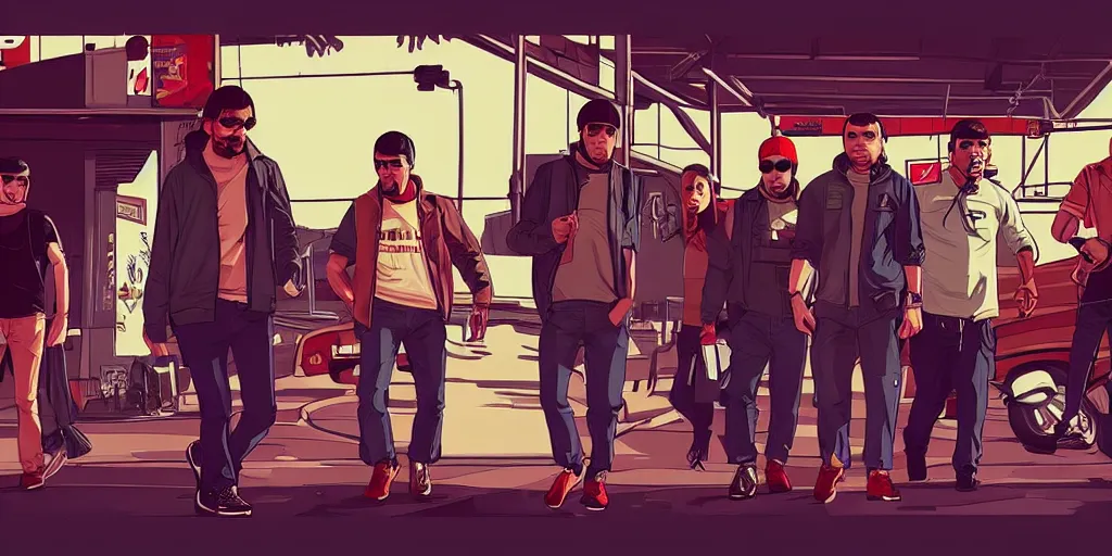 Image similar to Orelsan GTA V loading screen illustration in the style of Stephen Bliss, trending on artstation