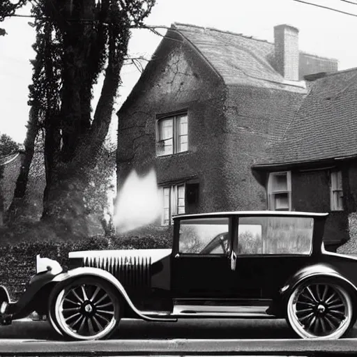 Image similar to an oldie car with turbine, cyber punk, house in background, detailed, award winning, masterpiece, photograph, cinematic, black-white retro photo 1910