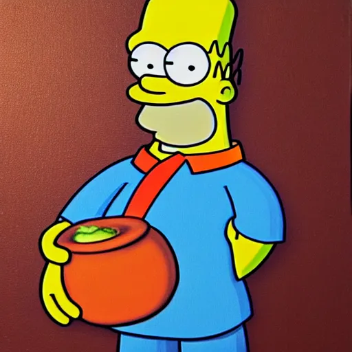 Image similar to tiny Homer Simpson in a mood lit modern painting coming to steal your food