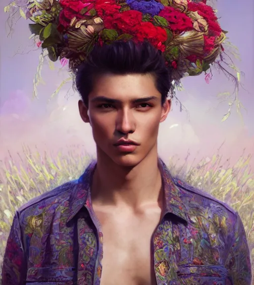 Image similar to portrait of a very handsome peruvian male model, surrounded by flowers by karol bak, james jean, tom bagshaw, rococo, trending on artstation, cinematic lighting, hyper realism, octane render, 8 k, hyper detailed.