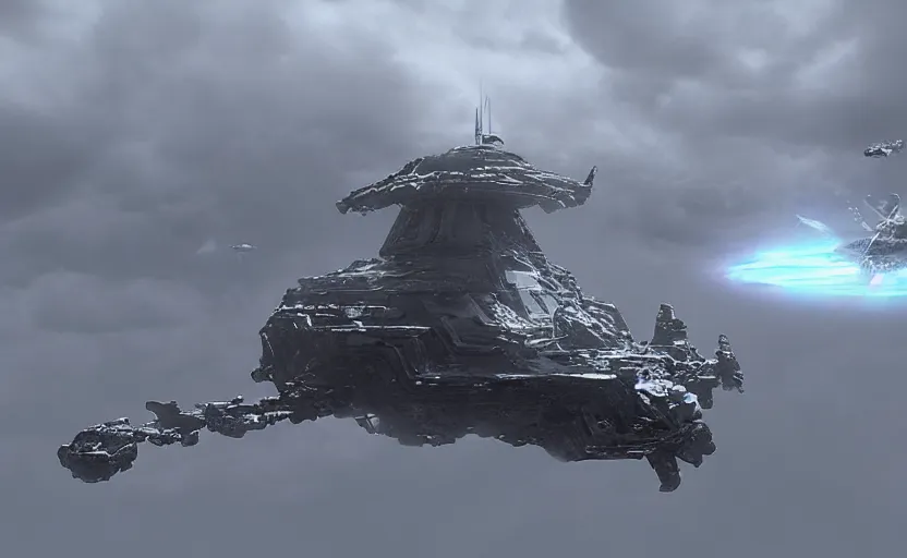 Image similar to one small alien ship flies high above a stormy ocean, sci-fi concept art, unreal engine 3d