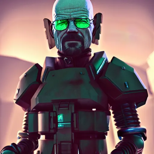 Image similar to Walter White in cybernetic battle armour, 4k octane render, highly detailed, concept art, trending on artstation