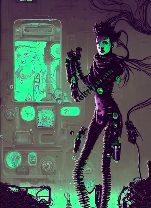 Image similar to highly detailed portrait of wasteland punk long dripping green poison hair tribal lady, stray wiring by atey ghailan, james gilleard, by joe fenton, by greg rutkowski, by greg tocchini, by kaethe butcher, 4 k resolution, gradient purple, brown and black and white color scheme!!! ( ( green flaming robotic sewer background ) )