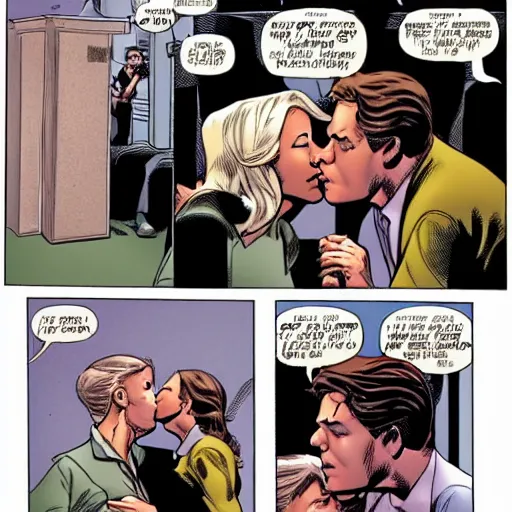 Image similar to amazing comic book panel of Norman Osborn kissing female Peter Parker