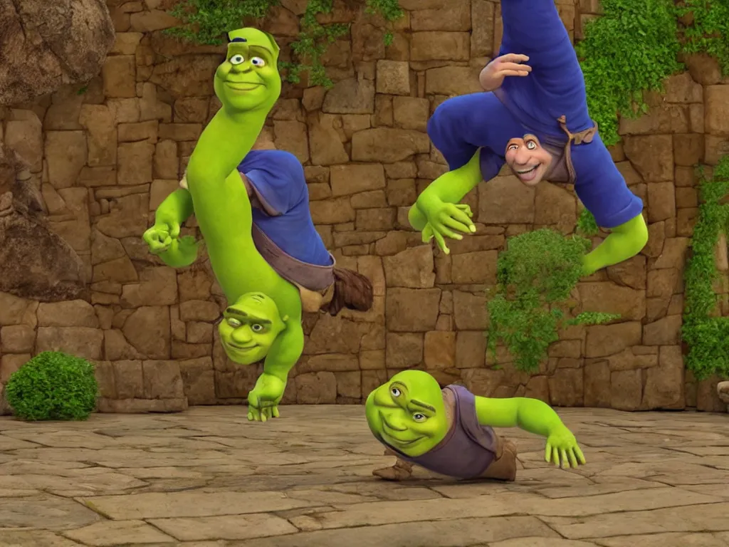 Image similar to shrek breakdancing while lord farquaad is in the back being impressed, High Definition detail, 8K, photography