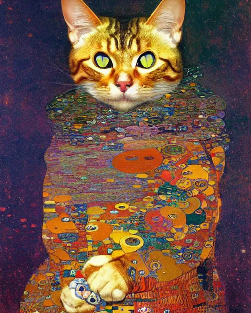 Prompt: adventurer cat portrait an oil painting splashes with many colors and shapes by gustav klimt greg rutkowski and alphonse mucha, polycount, generative art, psychedelic, fractalism, glitch art