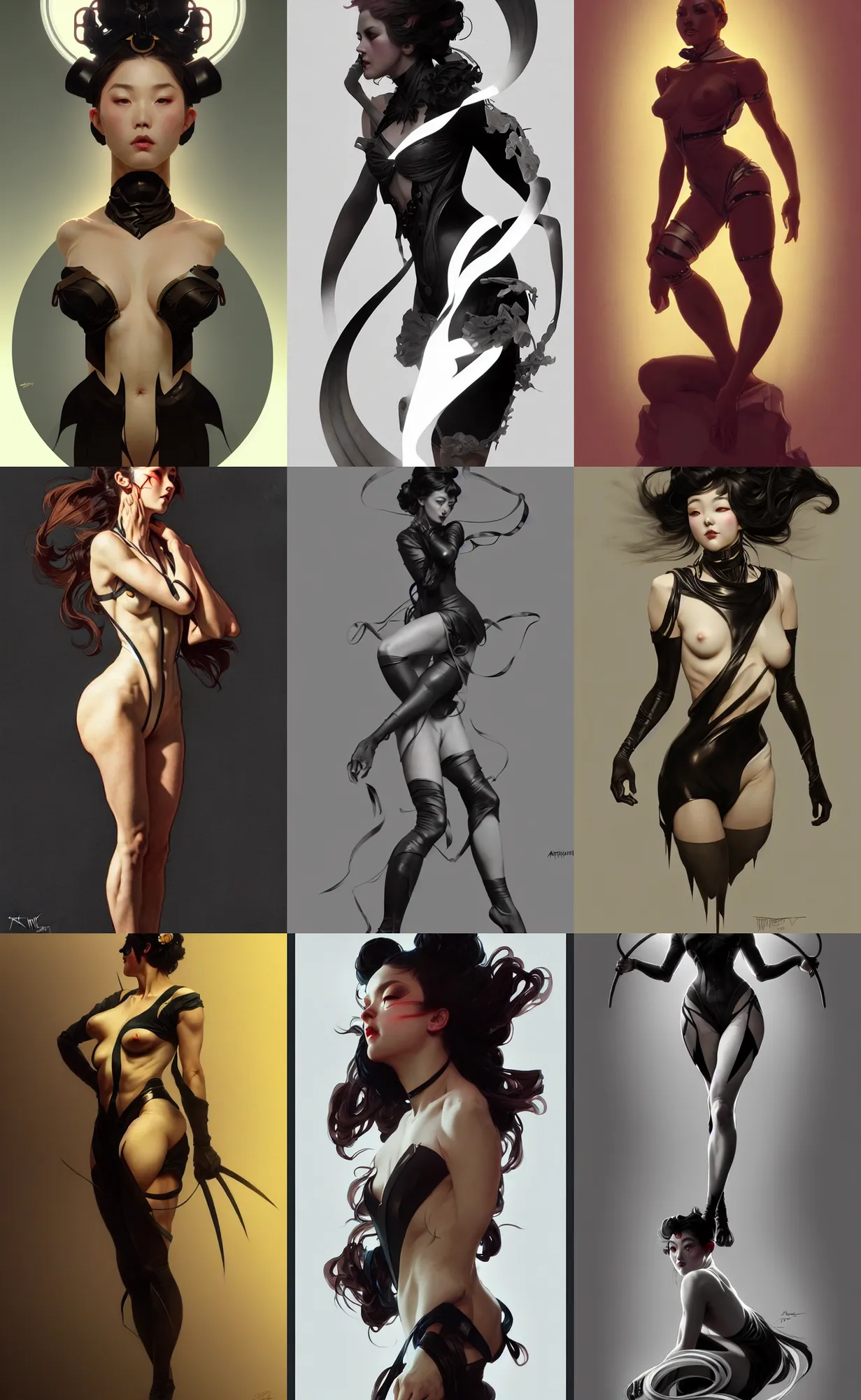 Image similar to digital concept art by artgerm, tooth wu, bierstadt, gurney, stalenhag and alphonse mucha. namilia. just one lonely black tape project attctive showgirl!! full body!! contour light effect!! 8 k, stage light. octane render. sharp edge. ultra clear detailed, sitting pose