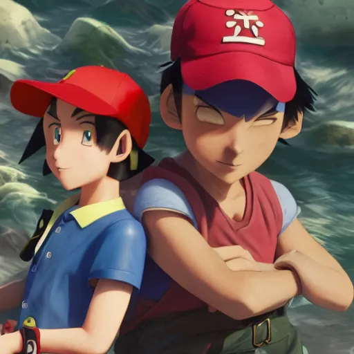 Image similar to a highly detailed matte illustration of ash ketchum and brock and misty in squid game, aerial photography, ultrawide lens, art by john collier and albert aublet and krenz cushart and artem demura and alphonse mucha, volumetric lighting, octane render, 4 k resolution, trending on artstation, masterpiece