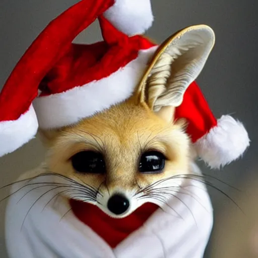 Prompt: fennec fox wearing a santa hat. they are sat at a fancy table eating cheese from a plate