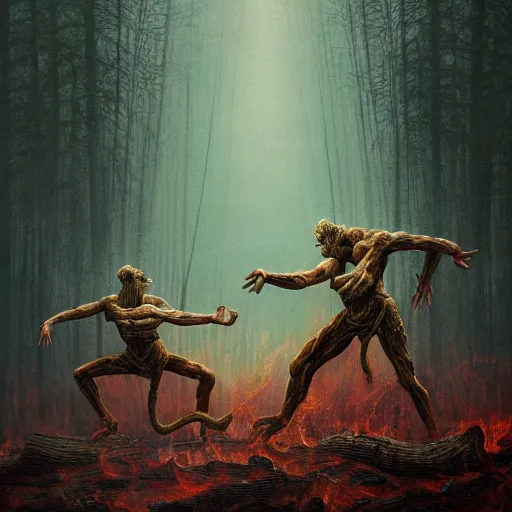 Prompt: two demons dance ballet in hell with ethernet cables wrapped around their arms, trees burning in the background,, beksinski, dariusz zawadzki, very coherent symmetrical artwork. cinematic, hyper realism, high detail, octane render, 8 k