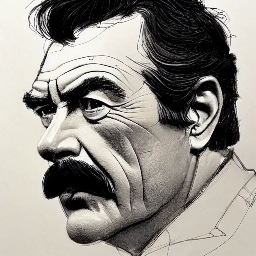 Image similar to a realistic yet scraggly portrait sketch of the side profile of a stern and sophisticated tom selleck, trending on artstation, intricate details, in the style of frank auerbach, in the style of sergio aragones, in the style of martin ansin, in the style of david aja, in the style of mattias adolfsson