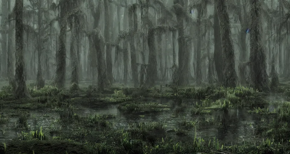 Image similar to A dense and dark enchanted forest with a swamp, with Cry engine