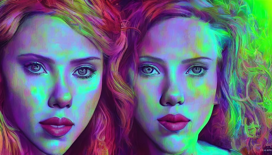 Image similar to scarlett johansson in psychodelic dmt lsd forest, photorealistic, artgerm, artwork by Arian, Mark