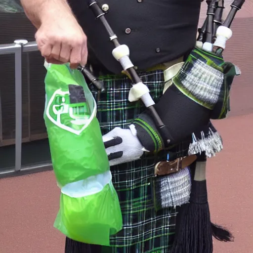 Image similar to bagpipes made of foley catheter bag and clear tubes