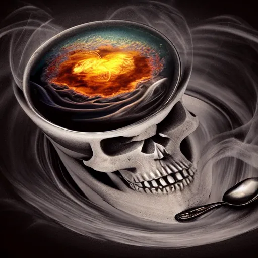 Prompt: a beautiful detailed 3 d matte whirlpool in a cup of coffee on a desk, ominous, magical realism, texture, intricate, skull, skeleton, whirling smoke radiant colors, fantasy, volumetric lighting, high details