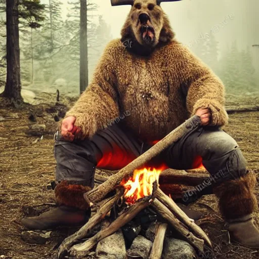 Image similar to viking in bear skin, around a campfire, photo