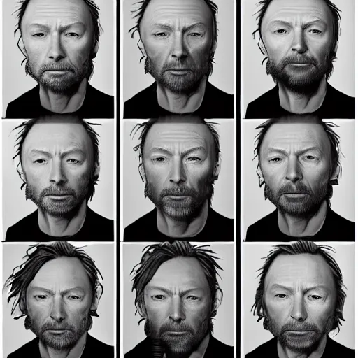 Image similar to collages, hyper realistic, many variations portrait of very old thom yorke, face variations, singer songwriter, ( side ) profile, various ages, macro lens, liminal space, by lee bermejo, alphonse mucha and greg rutkowski, greybeard, smooth face, cheekbones