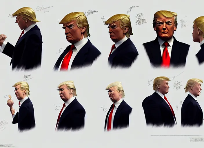 Image similar to character model sheet of donald trump by greg rutkowski, by studio ghibli and ross tran, digital art, trending on artstation, highly detailed, illustration, concept art, elegant, beautiful, masterpiece