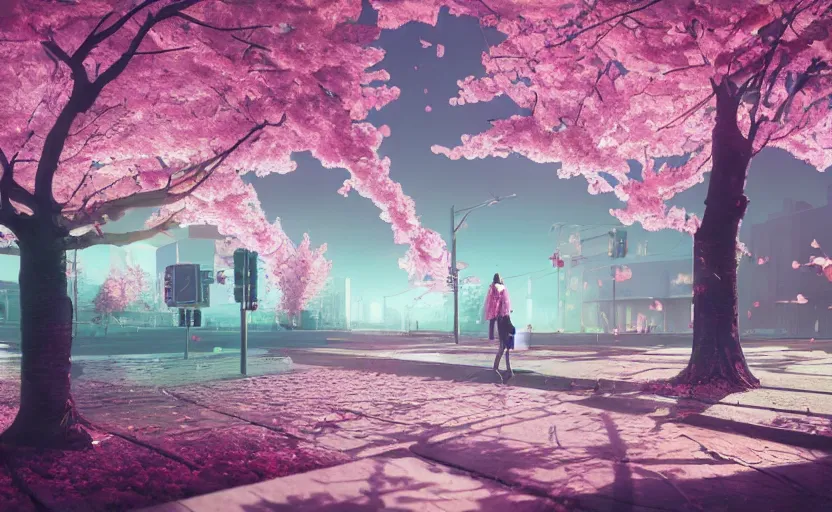 Image similar to cherry blossoms, Low level, rendered by Beeple, Makoto Shinkai, syd meade, simon stålenhag, synthwave style, digital art, unreal engine, WLOP, trending on artstation, 4K UHD image, octane render,