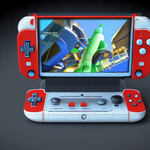 Image similar to futurist nintendo handheld console, 3 d concept, details, colored background