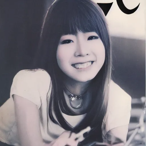 Image similar to 1 9 7 0 s record - album art of a young cute female japanese pop - idol who has yaeba slightly crooked teeth. high - quality high - resolution scanned image.
