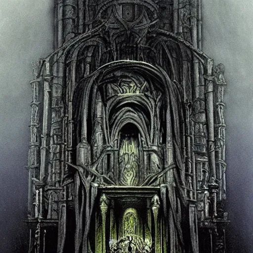 Image similar to monstrous and twisted cathedral with an altar that has a statue to many eyed and four armed cthulhu. in the style of hr giger and zdzisław beksinski piranesi gloom misty glow oil painting biomechanical